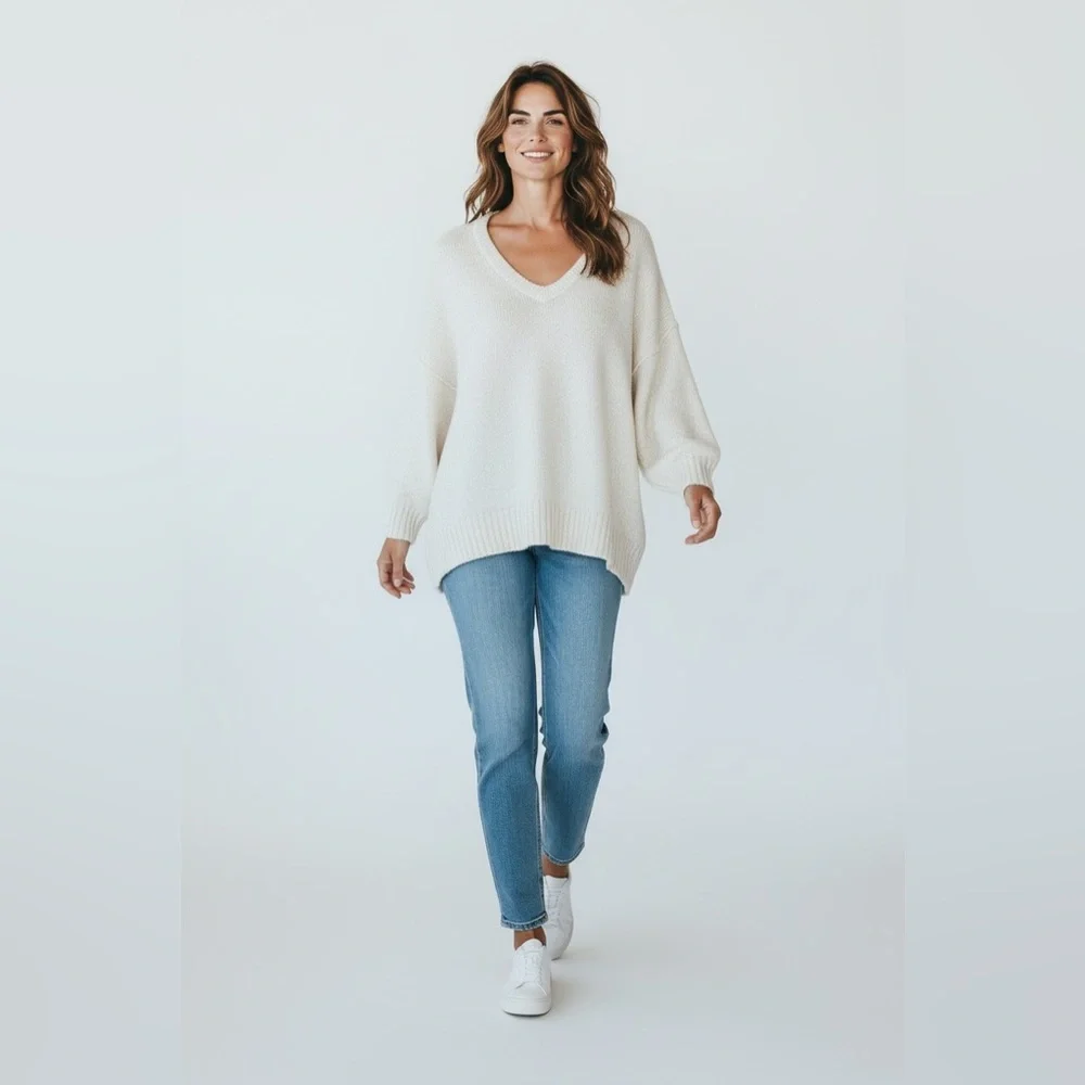 Free People Cream V-Neck Chunky Knit Sweater - Picture 2 of 6